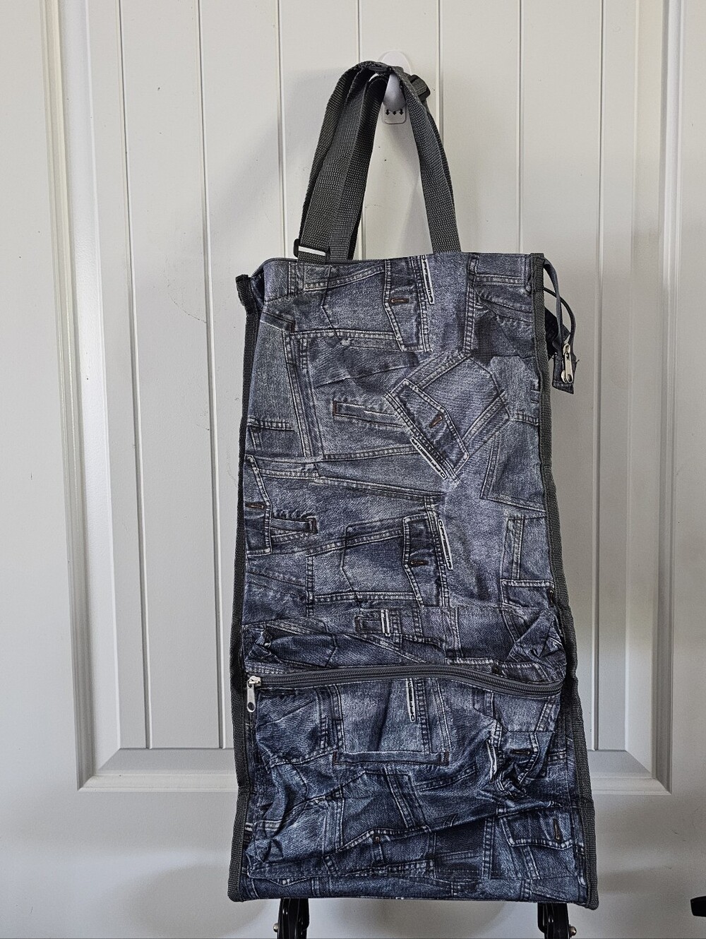 Collapsible Rolling Shopping Bag Trolley Tote Faux Denim Patchwork Print Wheels